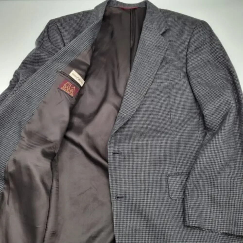 Vintage Jos A‎ Bank 100% Silk Men's L Large Houndstooth Gray Black Blazer Jacket
